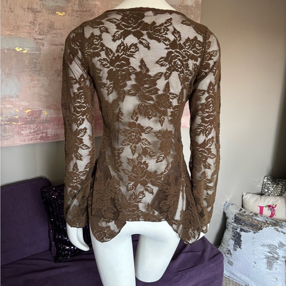 Y2K Costa Blanca‎ Brown Lace V-Neck Top with Long Sleeves and Flair Bottom Sm - Picture 5 of 9